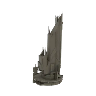 3D модель высокого футуристического здания-шпиля со сложным угловатым серым фасадом и круглым основанием, вид сбоку.