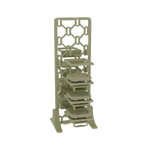 3D модель модульной вертикальной гидропонной башни с несколькими уровнями посадки и декоративной решетчатой структурой.