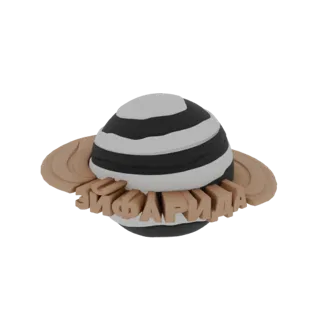 3D модель полосатой планеты с коричневыми кольцами и кириллицей, интегрированной в кольца, на черном фоне.