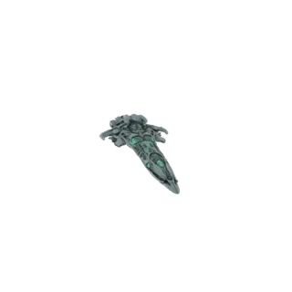 3D модель гладкого темно-серого инопланетного боевого корабля со светящимися зелеными энергетическими ядрами, расположенная п