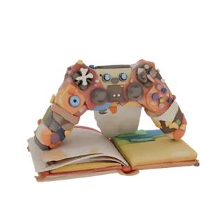 3D модель открытой книги с игровым контроллером, выполненным в стиле пластилиновой анимации, на белом фоне