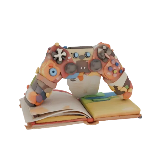 3D модель открытой книги с игровым контроллером, выполненным в стиле пластилиновой анимации, на белом фоне