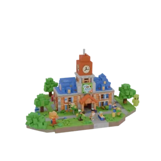 3D-модель ратуши в стиле Roblox 'Grow a Garden' с часовой башней, окруженная деревьями и миниатюрными персонажами.