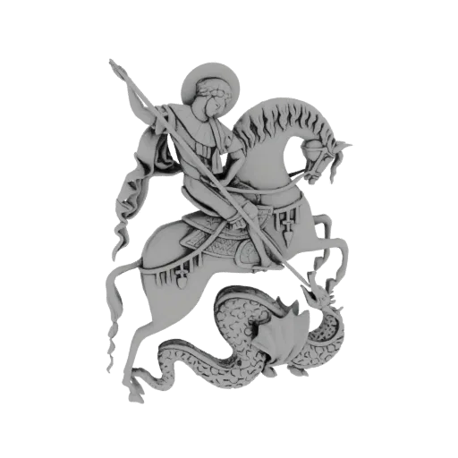 3D model render of St. George on horseback spearing a dragon, depicted in a bas-relief style against a white background.