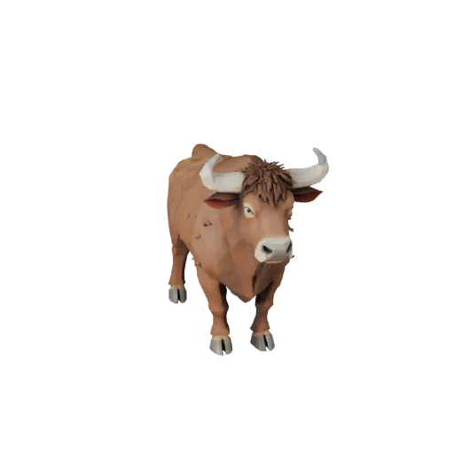 Низкополигональная 3D-модель быка, вид сбоку в игровой камере, низкополигональная модель животного с направлением шерсти, фор