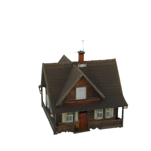 3D модель деревенской деревянной хижины с темно-коричневой двускатной крышей, передним крыльцом и кирпичным дымоходом на бело