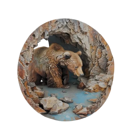 3D модель медведя гризли, выходящего из детализированной скалистой пещеры с голубой водой у входа.