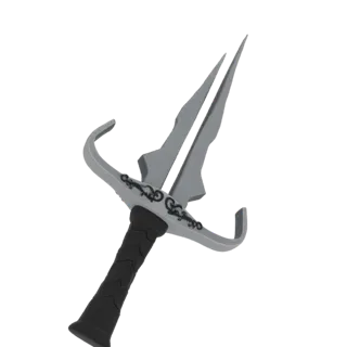 3D модель витого кинжала с изогнутой узорчатой гардой и черной текстурированной рукоятью, вид под углом.