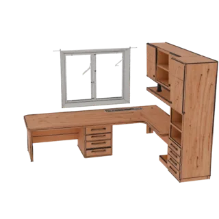 3D модель деревянного углового письменного стола руководителя с надстройкой и окном, на белом фоне.