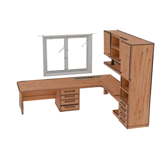 3D модель деревянного углового письменного стола руководителя с надстройкой и окном, на белом фоне.
