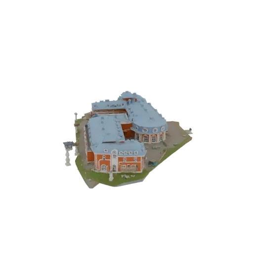 3D модель Дворца Великого Князя Московского, демонстрирующая его краснокирпичный фасад и синюю крышу.