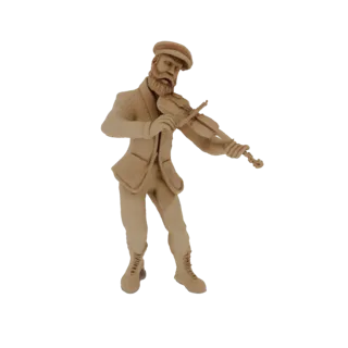 3D-модель бородатого мужчины, играющего на скрипке, в кепке, с легкой текстурой дерева.