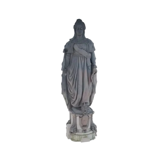 3D модель статуи Викторианской Королевы в короне и королевских регалиях, стоящей на богато украшенном пьедестале.