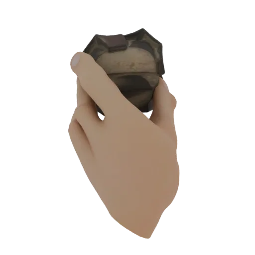 3D модель реалистичной руки, держащей детализированную гранату, пальцы обхватывают корпус.