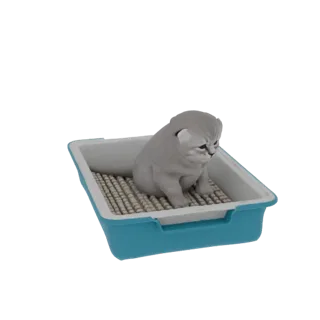 3D модель милого серого котёнка, сидящего в синем лотке с текстурированным наполнителем.