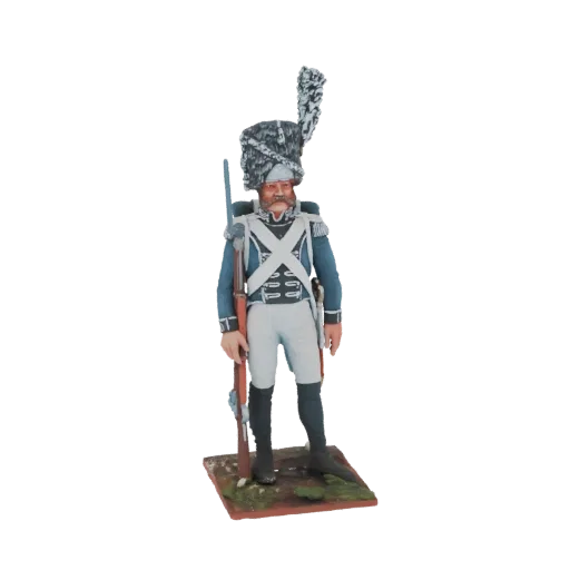 3D модель гренадера Наполеоновской армии кампании 1812 г., стоящего с мушкетом, в пернатом кивере и синем мундире.