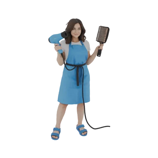 3D модель женщины-парикмахера с синим феном и черной расческой, в синем фартуке.