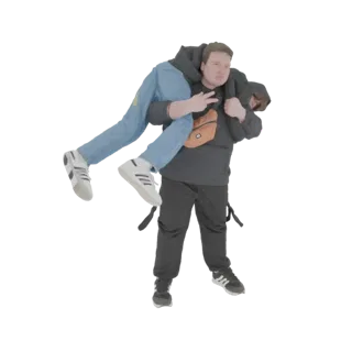 3D model of a man carrying a woman piggyback, both wearing casual clothing.