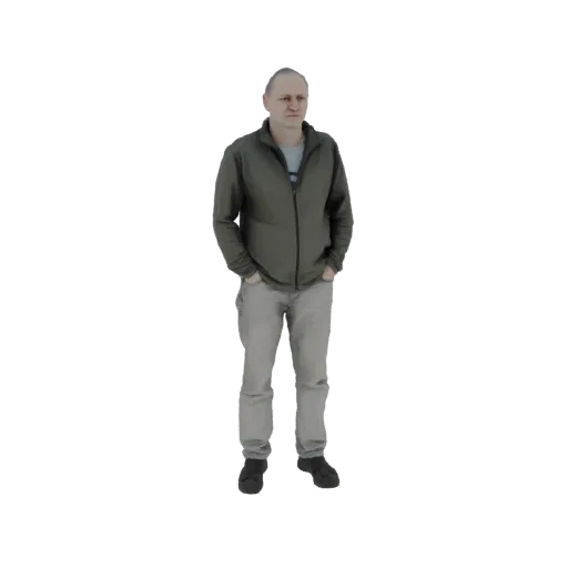 3D модель мужчины в зеленой куртке и серых брюках, стоящего с руками в карманах.