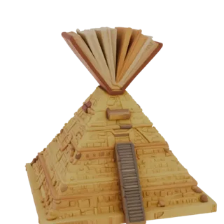 3D модель Египетской пирамиды с раскрытой книгой на вершине, выполненная в песочных тонах.