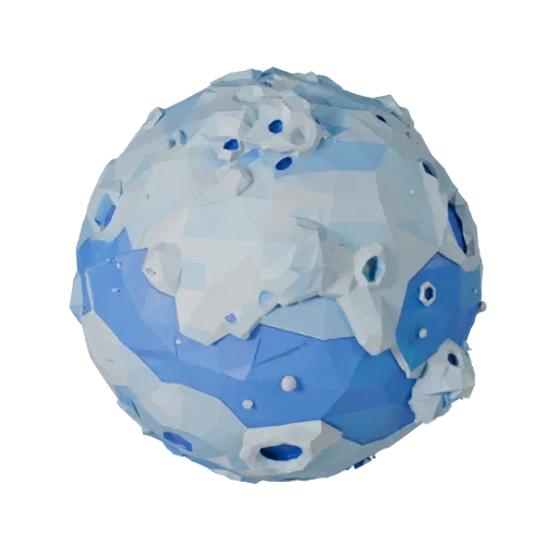 Низкополигональная 3D-модель Ледяная карликовая планета, вид в игровом окне в три четверти, показывающий масштаб скалистого с