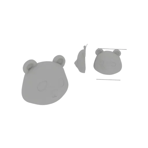 Рендер 3D модели милой головы панды, показанный с разных ракурсов, в нейтральном сером цвете.