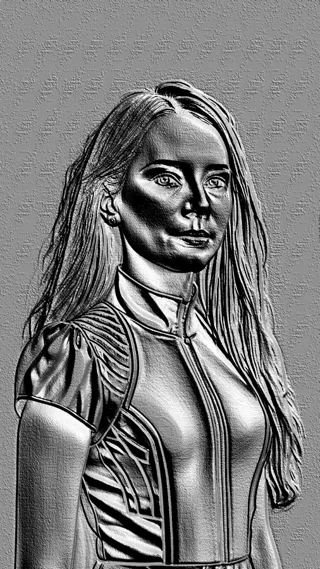 3D модель барельефа "Ирина серебристом", изображающая женщину с длинными волосами в серебристых тонах.