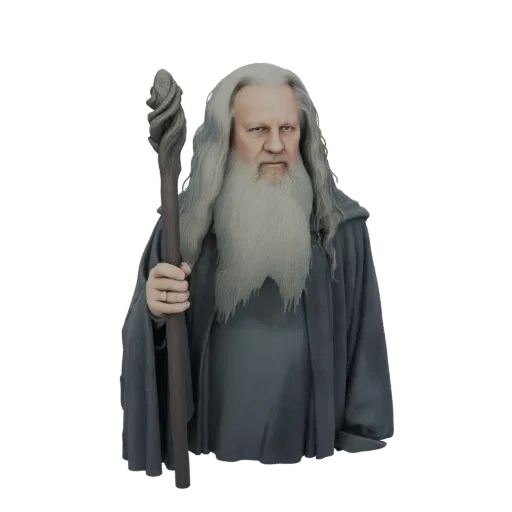 3D модель бюста Гэндальфа Серого, волшебника, держащего посох со строгим выражением лица и длинной белой бородой.