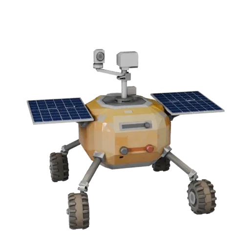 Низкополигональная 3D модель лунного посадочного модуля «Проспектор», вид в игровом окне в три четверти, показывающий пыльные