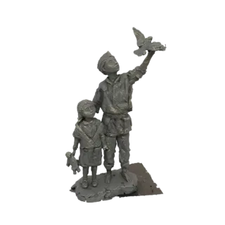 3D модель юного солдата и девочки, выпускающих голубя, символ мира и надежды.