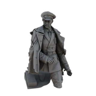 3D-рендер детализированного бюста немецкого генерала Второй мировой войны в плаще и фуражке на белом фоне.