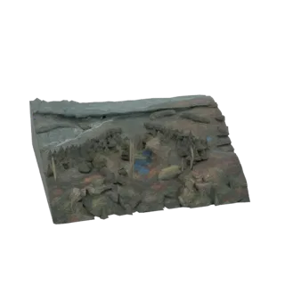 3D model preview of a miniature diorama featuring a forest scene with a winding blue stream, textured rocks, and scattered tr
