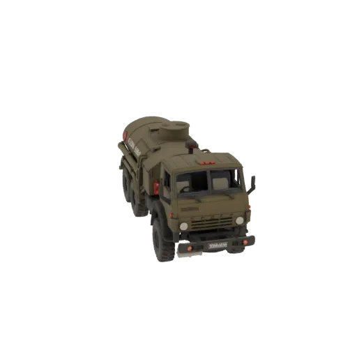 3D модель зеленого топливозаправщика КамАЗ 4310, вид спереди под углом три четверти.