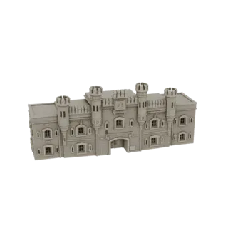 3D model of a detailed Gothic Revival fortress building with turrets and crenellated battlements, set against a white backgro