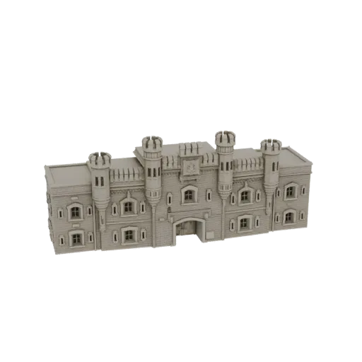 3D model of a detailed Gothic Revival fortress building with turrets and crenellated battlements, set against a white backgro