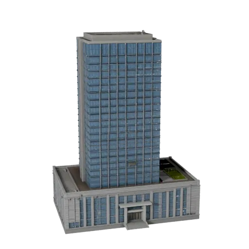 Многофункциональный небоскреб низкополигональная 3D модель, готовый к игре экстерьер, показывающий материалы коммерческого оф