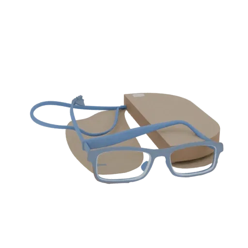 3D модель светло-голубых прямоугольных очков для чтения, расположенных рядом с их открытым светло-голубым футляром на нейтрал