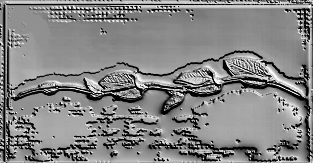 3D модель барельефа с изображением ветки с листьями, выполненная в сером цвете, с четко выраженным рельефом.