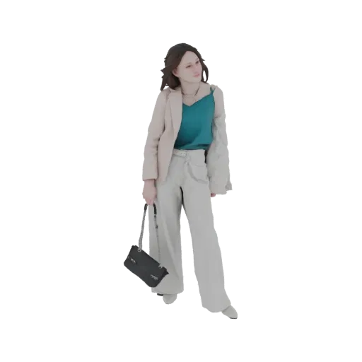 3D модель женщины в бежевом блейзере, бирюзовом топе, кремовых брюках, держащей черную сумочку, в позе, смотрящей в сторону.