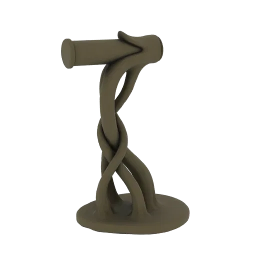 3D модель держателя туалетной бумаги с основанием и стержнем из скрученных, органических лоз с матовым коричневым покрытием.