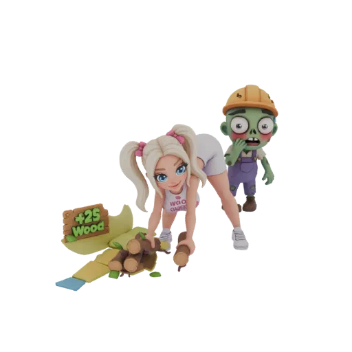 3D-модель милой аниме-девушки с белокурыми хвостиками, собирающей дрова, с испуганным зомби на заднем плане и табличкой '+25