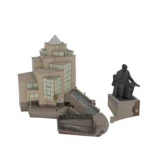 3D model of a modernist building with glass facades and a pyramidal roof, next to a seated statue of Lenin on a pedestal.