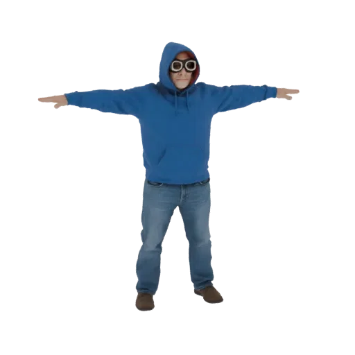 3D модель человека в синей толстовке и джинсах, стоящего в позе T с вытянутыми руками.