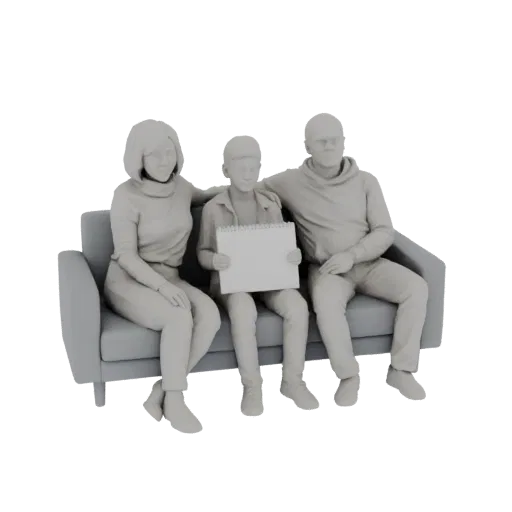 3D модель семьи (отец, мать, ребенок) сидит на сером диване, ребенок держит белый блокнот.
