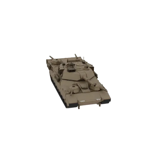 3D модель основного боевого танка пустынного цвета, вид с немного приподнятого передне-левого угла на черном фоне.