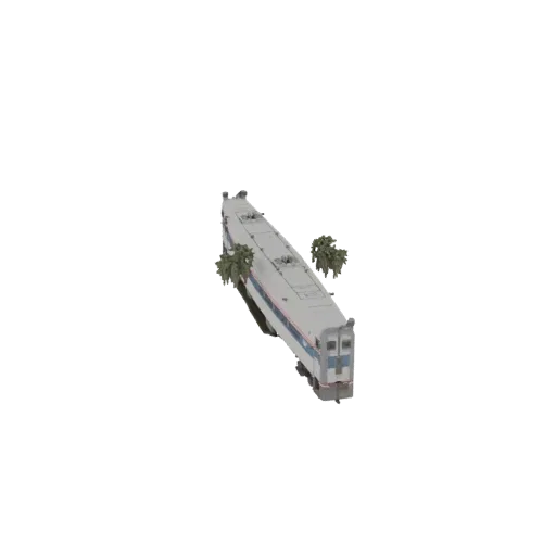 3D модель серебристо-синего пассажирского поезда Amtrak, вид под небольшим углом сверху.