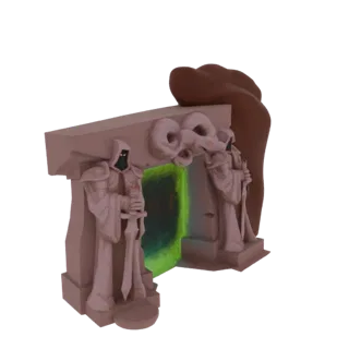 3D модель каменных врат портала с двумя статуями стражей в робах и светящимся зеленым вихрем в центре.