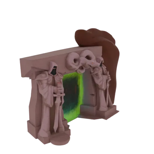 3D модель каменных врат портала с двумя статуями стражей в робах и светящимся зеленым вихрем в центре.