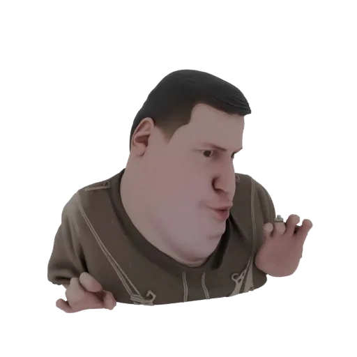 3D модель полного мужчины в коричневой рубашке, смотрящего в сторону с удивленным выражением лица и поднятой рукой.