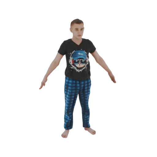 3D модель мальчика в черной футболке с принтом кота и синих клетчатых пижамных штанах, стоящего с отведенными руками.